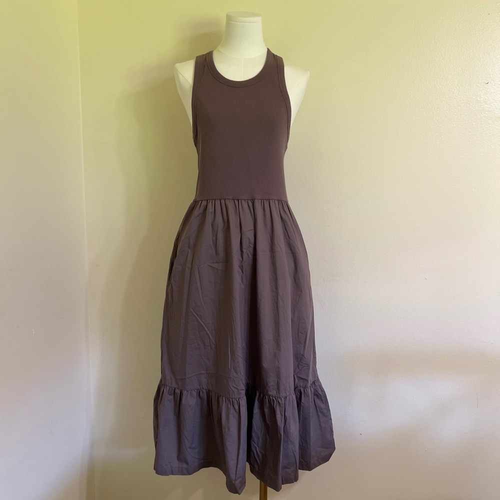 Gap Womens Ribbed Racerback Mixed Media Midi Dress Taupe Brown Size M Pockets